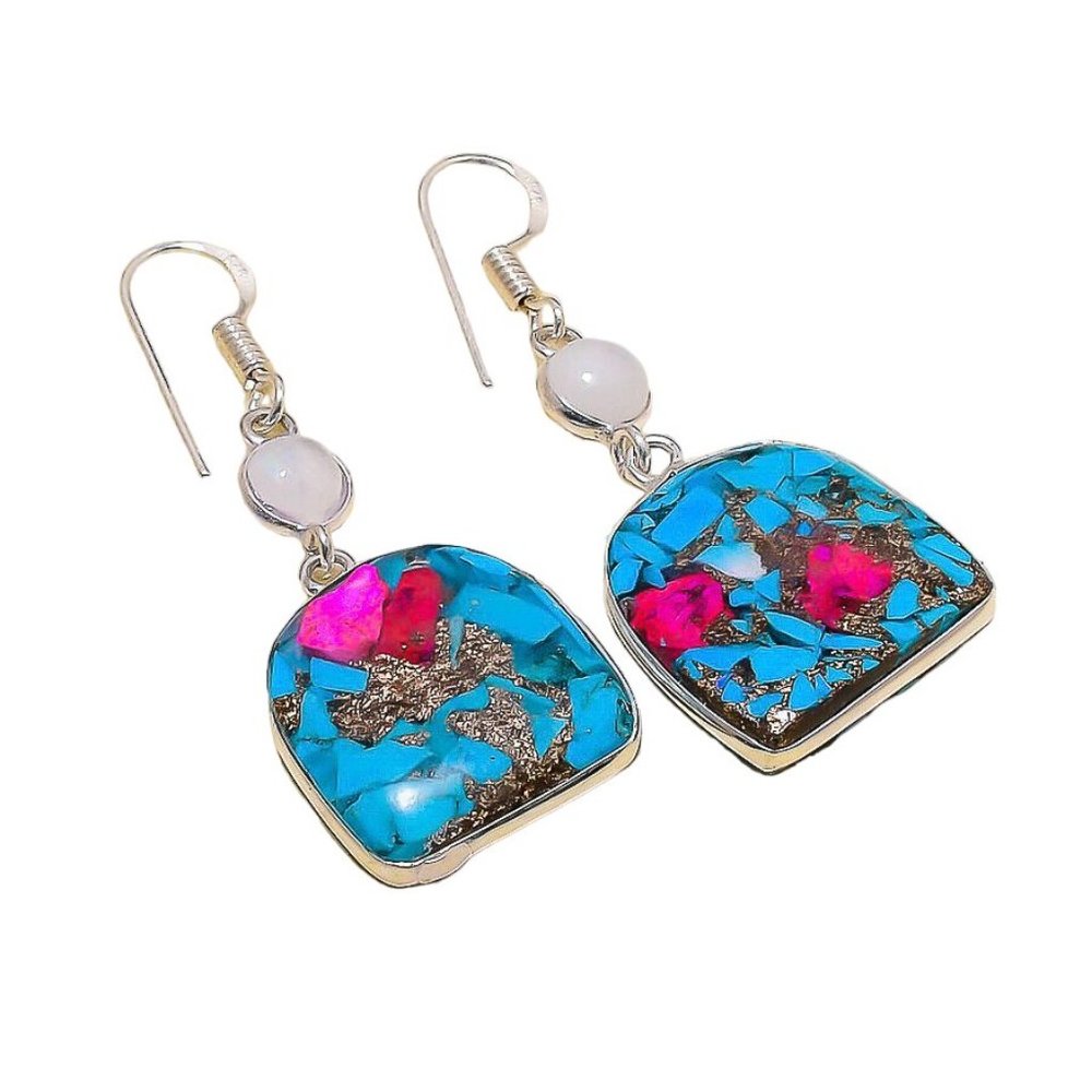 NEW Spiny Oyster Moonstone Gemstone Handmade Gift Jewelry Earrings 1.97" Silver - Picture 2 of 5